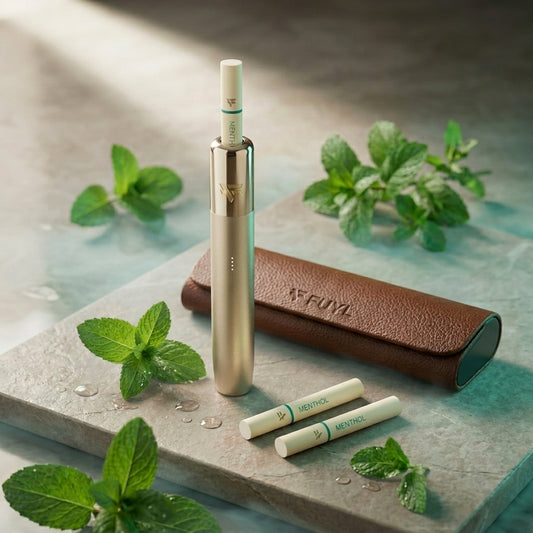 Kit Nuvia Brown powered by FUYL com dispositivo dourado, case marrom em couro e refil Menthol